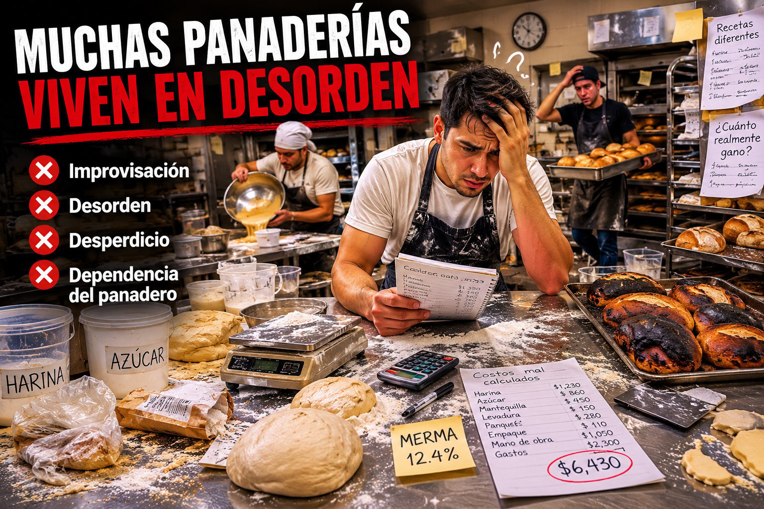 Baker working in a cluttered bakery shop with dough and bread, Spanish text highlighting challenges of bakery businesses