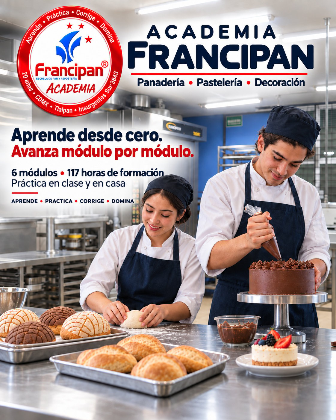 Academia Francipan pastry school promotional flyer showing two bakers decorating cakes and pastries in a professional kitchen