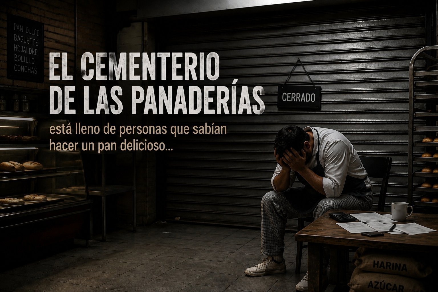 Man sitting dejectedly in abandoned bakery with Spanish text on wall reading El Cementerio de las Panaderias